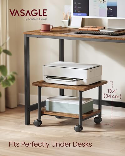 VASAGLE 2-Tier Printer Stand with Locking Wheels, Under Desk Printer Table - color: Rustic Brown + Ink Black, size: 2 Tiers/Compact