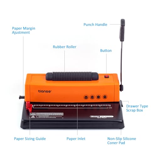 TIANSE Binding Machine, Spiral Coil Binder Machine, Manual Book Maker Punch Binder with Electric Coil Inserter,Suit for Letter Size / A4 / A5