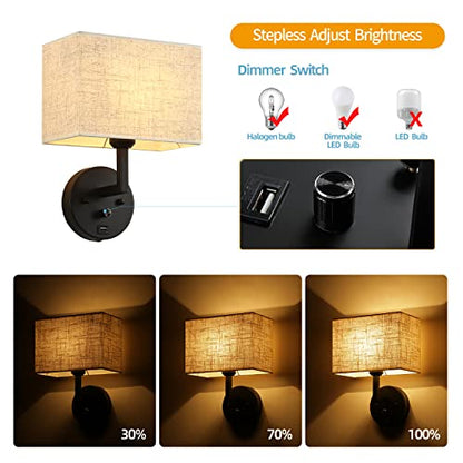 Plug in Wall Sconce with Dimmer Switch and USB Port，9.5“Rectangular Linen Fabric Shade，Bedside Wall Lamp Matte Black Finish，Wall Lamp Perfect for Bedroom, Living Room and Hotel. E26 Base - color: Black