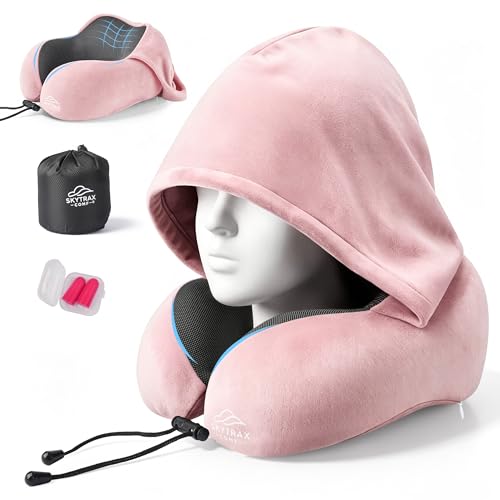 SkytraxComf® Travel Neck Pillow with Hood for Privacy on Long Flights | Memory Foam | Airplane Sleep | Safety-Tested Materials | Extra Large Hood | Chin Support | Earplugs | Washable Cover - color: Pink
