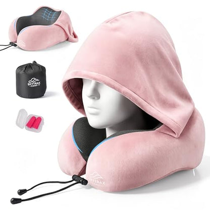 SkytraxComf® Travel Neck Pillow with Hood for Privacy on Long Flights | Memory Foam | Airplane Sleep | Safety-Tested Materials | Extra Large Hood | Chin Support | Earplugs | Washable Cover - color: Pink