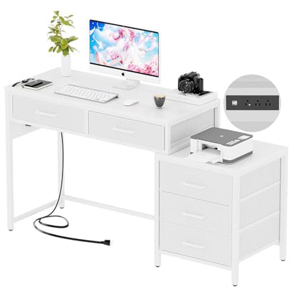 Unikito Reversible Computer Desk with 5 Drawers, Sturdy Office Desk with Power Outlets and USB Ports, Study Writing Table with File Cabinet & Printer Stand, Vanity Desk with Storage, White - color: White