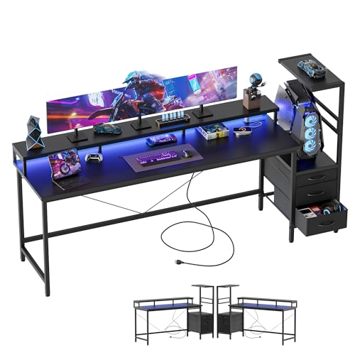 Mericonia 68 inch Gaming Desk with Drawers, Reversible Computer Desk, Black - color: Black, size: 68*20