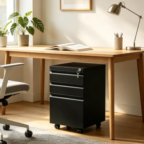 SAWJEC 3 Drawer Mobile File Cabinet with Lock, Fully Assembled, Black - color: 02b-black
