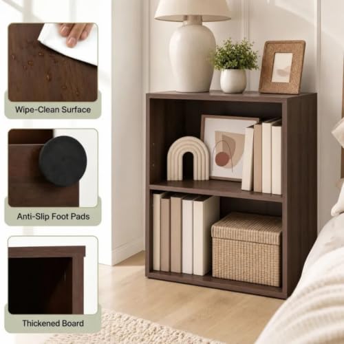 GOFLAME 2 Cube Bookcase, 2-Tier Book Shelf with 5 Position Adjustable Shelf, Wooden Bookshelf, Modern, Small Freestanding Cubby Storage Organizer for Living Room, Home Office, Study (1, Dark Walnut)