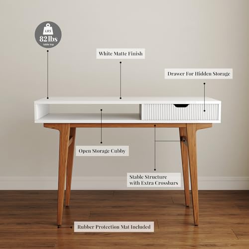 White Computer Desk with Drawers - 45 inch Minimalist Small Solid Wood Mid-Century Modern Office Desk for Home - Boho Style Writing Table with Open Storage,Light Wooden Desk Workspace