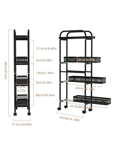 UMDONX 4-Tier Narrow Mobile Storage Cart with Pull-Out Baskets - color: Black, size: 4 Tier