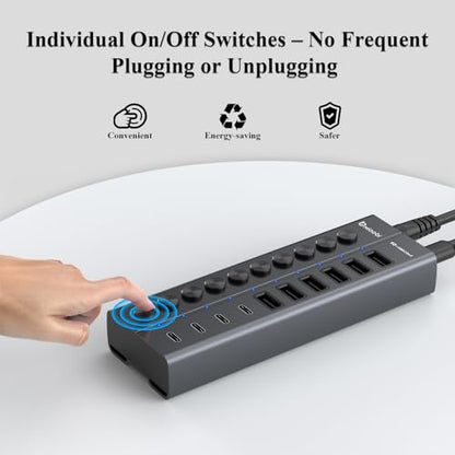 Powered USB Hub, 10-Port USB C Hub with 6 USB-A 3.2, 4 USB-C 3.2 Ports - color: Gery