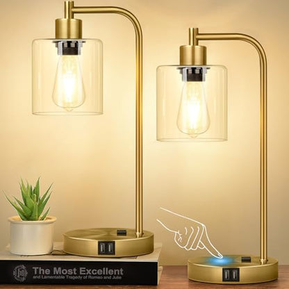 Nintiue Industrial Touch Table Lamps Set of 2-2 USB Ports & AC Outlet Nightstand Lamps, 3-Way Dimmable Bedside Desk Lamp for Living Room Bedroom, Glass Shade & 2 LED Bulbs Included - Brass - color: Brass(2 pack) - Clear Glass-Touch Control
