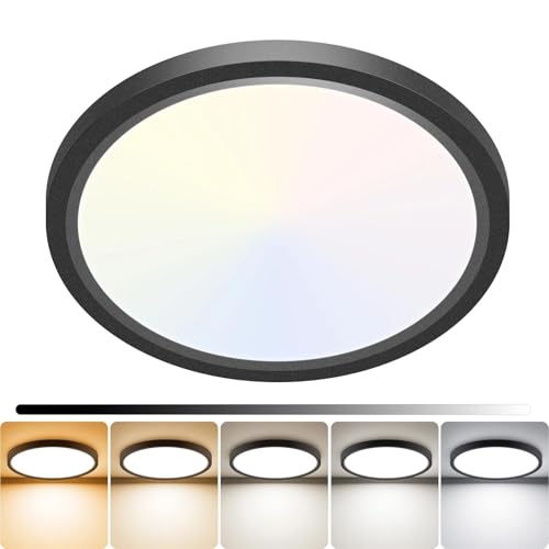 libtit 7inch LED Flush Mount Ceiling Light, Dimmable & 5Color Temperatures (3000K-6500K), 15W Round Slim Black Light Fixture for Closet Hallway Kitchen Bathroom Laundry - color: Black, size: 7inch-1pack