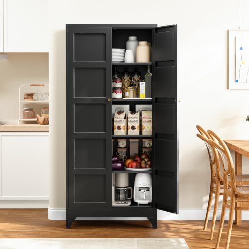 Metal Pantry Cabinet,- 72" Black Kitchen Pantry Storage Cabinet with Doos and Adjustable Shelves for Kitchen, Living Room,Dining Room,Home - color: Black, size: 72"- 4 Adjustable Shelves-A
