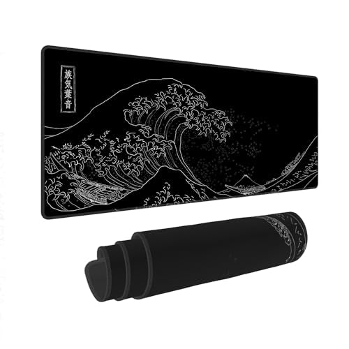Great Wave Off Kanagawa Desk Mat,Black Gaming Mouse Pad,31.5 x 12 in | Large Extended Japanese Sea Wave Anime Mousemat,XL Minimalist E-sport Soft Micro Woven Cloth PC Keyboard Mat,80x30 cm - color: Sea Wave Y