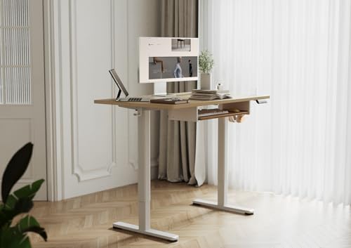 YDN Electric Standing Desk 48 Inch with Keyboard Tray Natural | Heavy-duty steel frame supports 176 lbs, 28.3-46.5 inch height range, 3 programmable presets, water-resistant surface - color: Natural