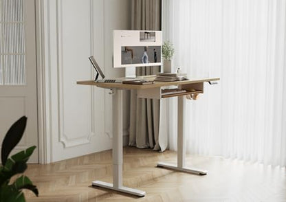 YDN Electric Standing Desk 48 Inch with Keyboard Tray Natural | Heavy-duty steel frame supports 176 lbs, 28.3-46.5 inch height range, 3 programmable presets, water-resistant surface - color: Natural