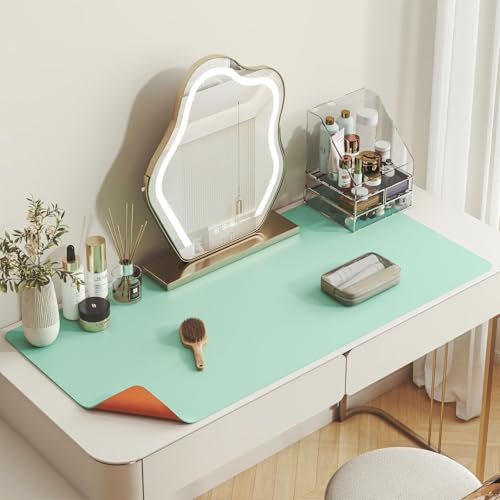 DAWNTREES Makeup Mat for Vanity, 31.5"x15.8", Green Leather Vanity Mat - size: 31.5" x 15.8", style: Art Deco (Green and Orange)