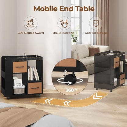 Yaheetech Narrow End Table Storage Drawer Rolling Shelves, Black | Open Shelves | Magazine Rack | Rolling Wheels | Wooden Construction | Living Room & Bedroom - color: Black
