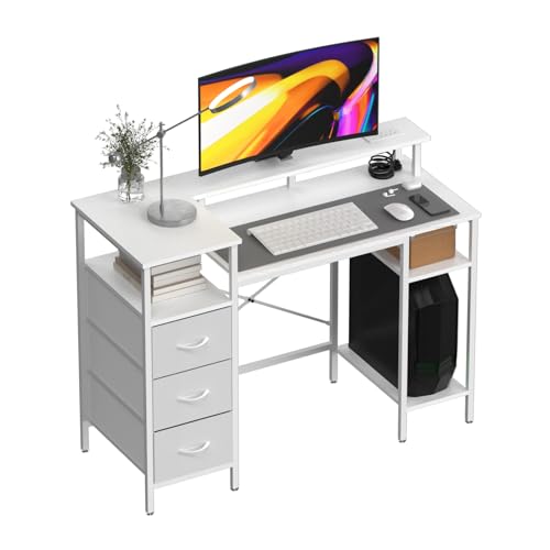 VINGLI 47" L-Shaped Home Office Desk, Fabric Drawers, Storage Shelves - color: White, size: 47 Inch