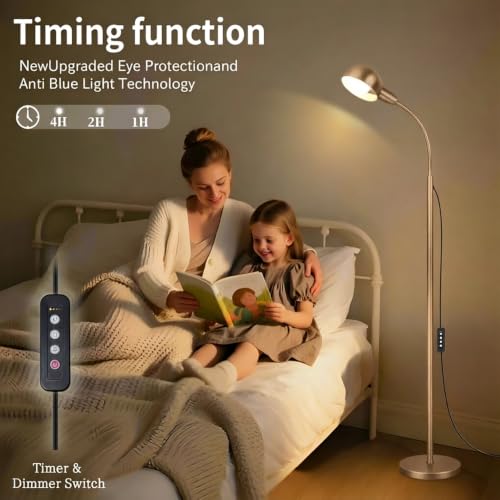 Nickel Floor Lamp with Flexible Gooseneck and Rotatable Shade，Standing Lamp include Dimmer LED Bulb，Ideal Tall Lamp with Dimmer and Timer Switch for Reading,Bedside and Living Room (Nickel Satin) - color: Nickel Satin