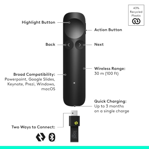 Logitech Spotlight 2 Presentation Remote Wireless Clicker Haptics - Black | Digital Highlighting, Customizable Actions, Laser Pointer, Quick Charge, Bluetooth, USB-C - color: Black