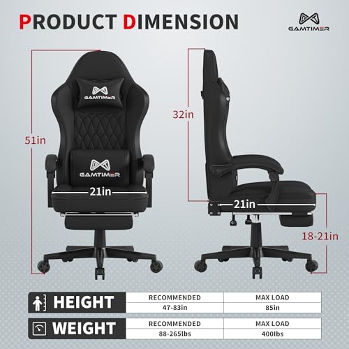 Gamtimer Gaming Chair with Footrest, Ergonomic Computer Chair, PU Breathable Material with Headrest and Lumbar Support, Suitable for Silla Gamer and Adults(Black) - color: Black