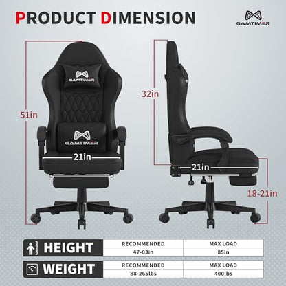 Gamtimer Gaming Chair with Footrest, Ergonomic Computer Chair, PU Breathable Material with Headrest and Lumbar Support, Suitable for Silla Gamer and Adults(Black) - color: Black