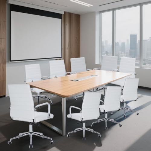 White Leather Ribbed Office Mid-Back Desk Conference Chair with Wheels | Ergonomic Mid-Back Executive Chairs with Wheels Adjustable Swivel Computer Task Desk Chair with Arms and Thick Padded Seat - color: White, size: Mid Back