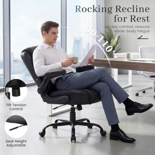GTPOFFICE Executive Office Chair with Comfortable Lumbar Support, Ergonomic Gaming Chair with Flip-up Armrests & Zoned Pressure-Relief Cushion, Comfy PU Leather Desk Chair, Black - color: Black