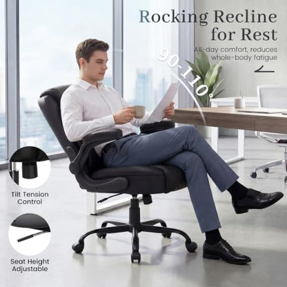 GTPOFFICE Executive Office Chair with Comfortable Lumbar Support, Ergonomic Gaming Chair with Flip-up Armrests & Zoned Pressure-Relief Cushion, Comfy PU Leather Desk Chair, Black - color: Black