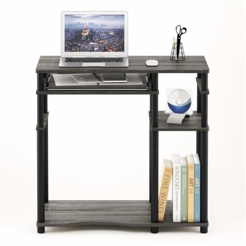 Pemberly Row Wood Computer Desk with Bookshelf, French Oak Gray and Black Finish, Durable Engineered Wood, Sliding Keyboard Tray, Side Shelves, Compact Space-Saving Design for Apartments or Dorm Rooms
