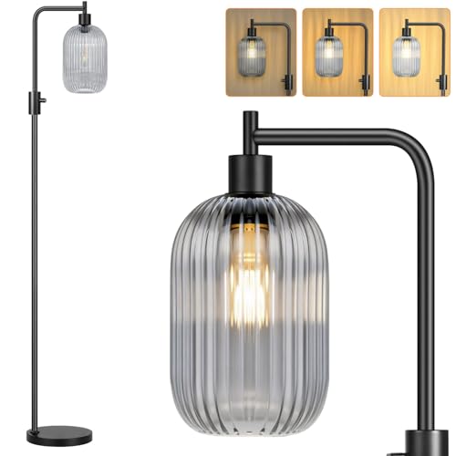 【Upgraded】 Dimmable Floor Lamp for Living Room with Gray Ribbed Glass Lampshade, Black Modern Floor Lamp with 900LM LED Bulb Included, Arc Standing Tall Lamp for Bedroom, Office, Reading Room, Corner - color: Gray Ribbed Glass-Black