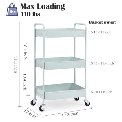 TOOLF 3 Tier Metal Rolling Cart, Utility Storage Cart with Wheels, Green | Screwless Assembly, Lockable Metal Wheels, Trolley Organizer for Bathroom, Kitchen, Office, Dorm, Laundry, Craft Room - color: Green, size: 3-Tier