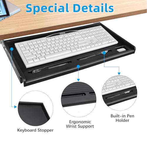 Under Desk Keyboard Tray, 20" Wx11"D Sturdy Key Board Tray Under Desk Slide with Pen Tray, Desk Extender with Pen Holder,Black - size: 20"Wx11"D