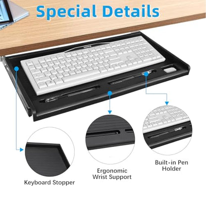 Under Desk Keyboard Tray, 20" Wx11"D Sturdy Key Board Tray Under Desk Slide with Pen Tray, Desk Extender with Pen Holder,Black - size: 20"Wx11"D