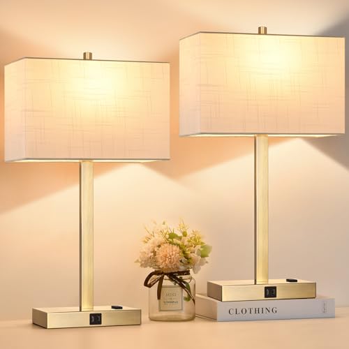 21" Touch Bedside lamps with 2 USB & AC Outlets, 3-Way Dimmable Bedside Table Lamps Set of 2 for Bedroom Living Room Office Reading, White Shade Lamps for Night Stands, 2700K LED Bulbs Included - color: White Linen & Brass