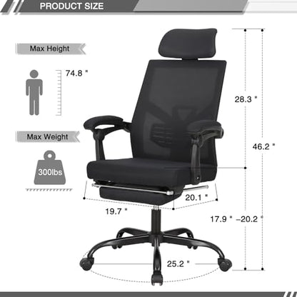 Qulomvs Mesh Ergonomic Office Chair with Footrest Home Office Desk Chair with Headrest and Backrest 90-135 Adjustable Computer Executive Desk Chair with Wheels 360 Swivel Task Chair - color: Black With Footrest