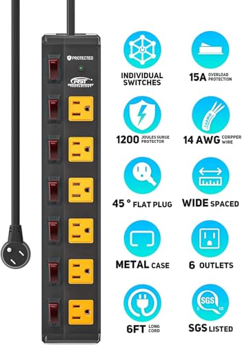 CRST 6 Outlet Metel Power Strip with Individual Switches 15A/1875W, 6FT - color: Yellow and Black, size: 6FT