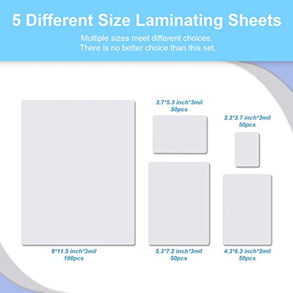 300 Pack 3 Mil Thermal Laminating Pouches, Plastic Laminating Sheets, 9 x 11.5 Inch, 5 x 7 Inch, 4 x 6 Inch, 3.7 x 5.3 Inch, 2.2 x 3.7 Inch for Letter, Photo, Note, ID Badge and Business Card Sizes