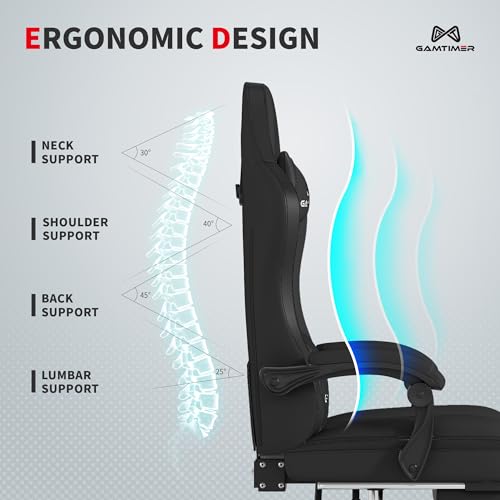 Gamtimer Gaming Chair with Footrest, Ergonomic Computer Chair, PU Breathable Material with Headrest and Lumbar Support, Suitable for Silla Gamer and Adults(Black) - color: Black