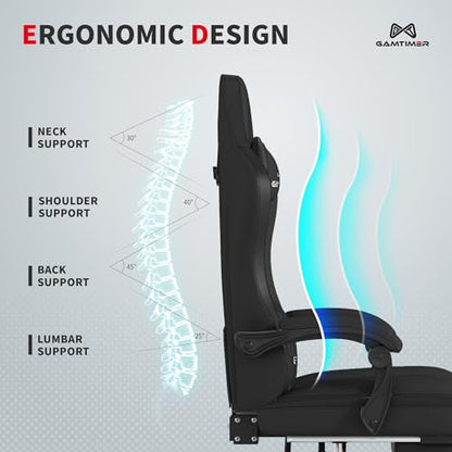 Gamtimer Gaming Chair with Footrest, Ergonomic Computer Chair, PU Breathable Material with Headrest and Lumbar Support, Suitable for Silla Gamer and Adults(Black) - color: Black