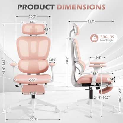 Ergonomic Office Chair with Footrest and Dynamic Lumbar Support, Pink | Reclining high-back computer chair, memory foam seat, 2D armrests, 2D headrest, mesh desk chair for home office, long hours - color: Pink