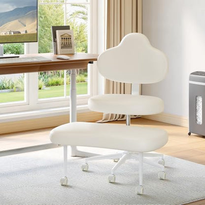 Cross Legged Office Chair with Wheels for ADHD, Ergonomic 360° Swivel Height-Adjustable Meditation Chair for Yoga, Kneeling Chair with 4 inch seat Cushion and Lumbar Support, PU Leather, Off White - color: Off White-pu-mountain