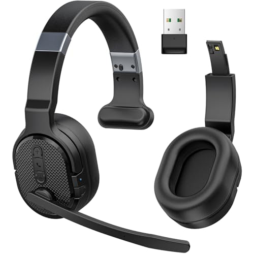 COSMUSIS Trucker Bluetooth Headset with Dongle, Wireless Headsets with Noise Cancelling Microphone, 50+Hrs HD Talktime Bluetooth Headphones with Detachable Earpad/Single+Dual Mode for Office/Driving - color: Onyx Black