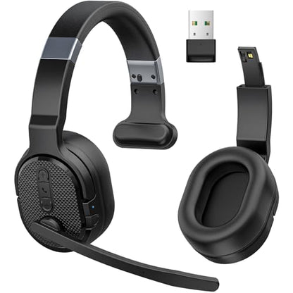 COSMUSIS Trucker Bluetooth Headset with Dongle, Wireless Headsets with Noise Cancelling Microphone, 50+Hrs HD Talktime Bluetooth Headphones with Detachable Earpad/Single+Dual Mode for Office/Driving - color: Onyx Black