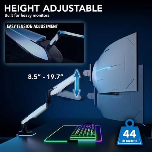 Mount-It! Heavy-Duty Ultrawide Monitor Arm up to 49”, 44 lb Capacity, Desk Mount for Curved & Widescreen Monitors, Compatible with Samsung Odyssey G9, Gas Spring, RGB Lighting, VESA 75x75 & 100x100