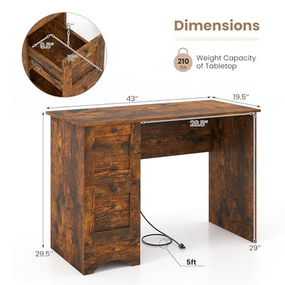 Tangkula Computer Desk with Drawers & Charging Station, Wooden Home Office Desk PC Laptop Notebook Desk, Compact Study Desk Writing Desk, Computer Workstation Ideal for Home & Office (Rustic Brown) - color: Rustic Brown