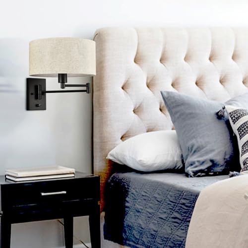SAMTEEN Plug in Wall Sconce Swing Arm Wall Lamp with Linen Drum Shade | Modern Farmhouse Black Sconces Lighting with ON/OFF Switch Plug Cord, Beige Fabric Shade Wall Lamps for Bedroom Living Room