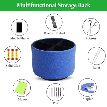 Round Leather Art Supply Organizer,Remote Control Holder,360 Degree Spinning,Multi-Functional Pencil Holder,4 Compartments Desktop Stationary Organizer(1-Lace Flower Blue) - color: 1-Lace Flower Blue