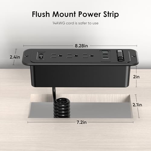 Recessed Power Strip with 60cm Retractable USB C Cable, Flush Mount | Furniture Drawer Outlet kit insert in (4) 20W USB & (3) 15 Amp AC Outlets, Hidden Charging Station for Desktop - color: Black