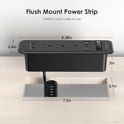 Recessed Power Strip with 60cm Retractable USB C Cable, Flush Mount | Furniture Drawer Outlet kit insert in (4) 20W USB & (3) 15 Amp AC Outlets, Hidden Charging Station for Desktop - color: Black
