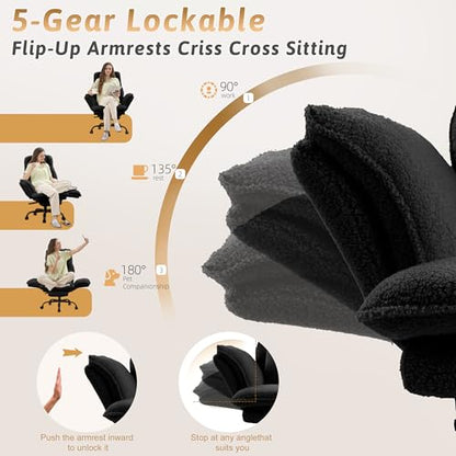 Wider Seat Office Chair with Flip Armrests for Criss Cross Legged&Cats, Big and Tall Executive Ergonomic Reclining Chair with Footrest&Lumbar Pillow, Teddy Fleece Desk Chair,Black Vanity Chair - color: Black